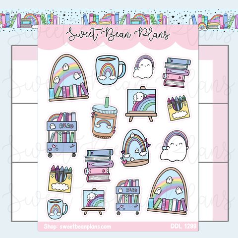 Rainbow Bookish Doodles Vinyl Planner Stickers | Ddl 1299
