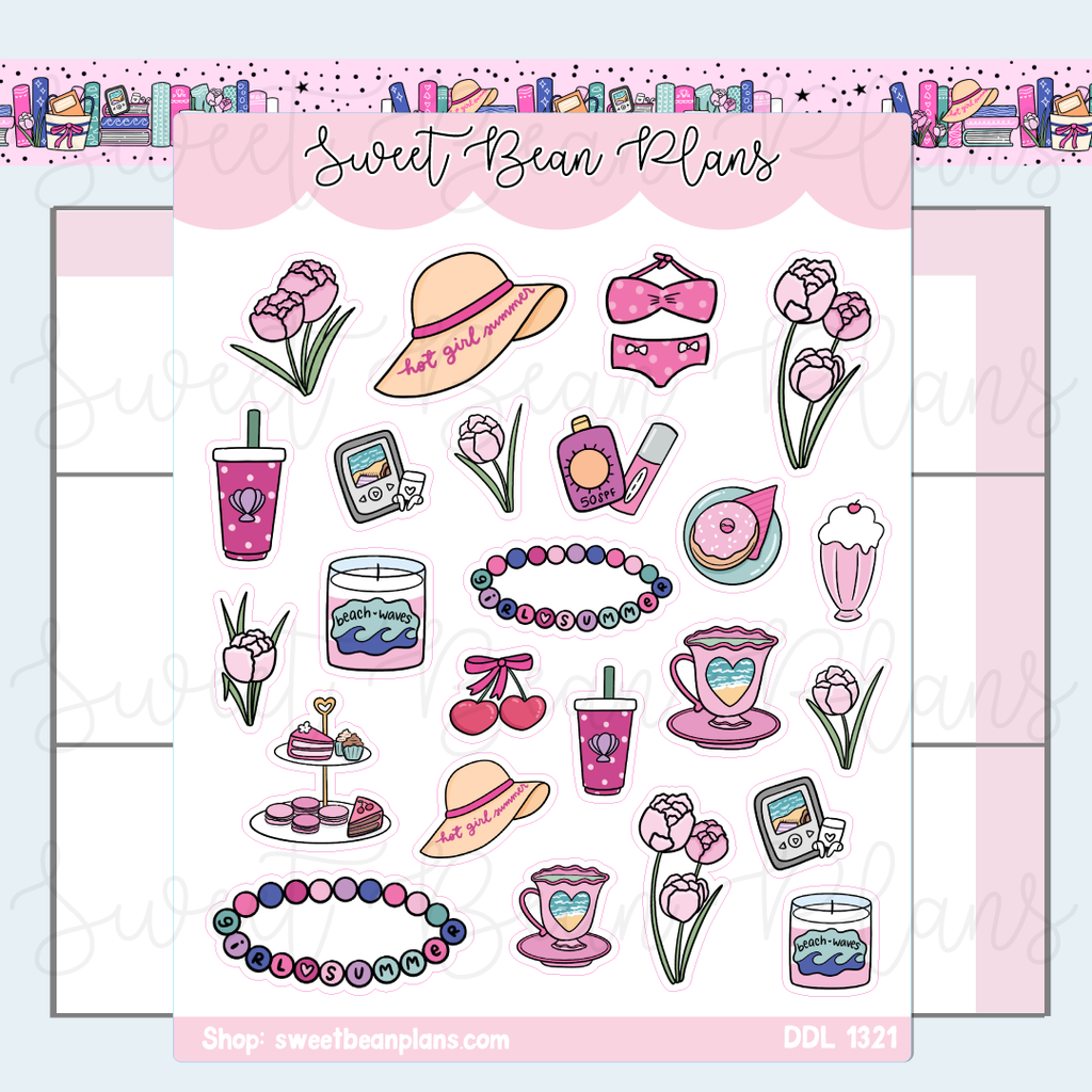 Girl Summer Doodles Vinyl Planner Stickers | Ddl 1321