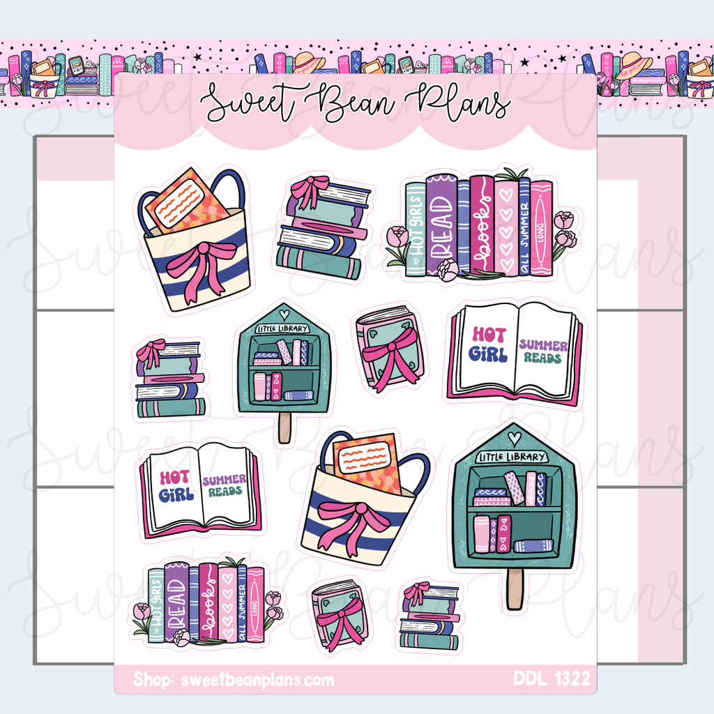 Girl Summer Bookish Doodles Vinyl Planner Stickers | Ddl 1322