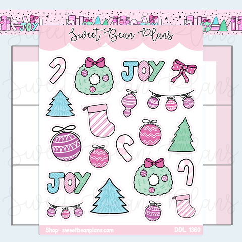 Pink Christmas Doodles Vinyl Planner Stickers | Ddl 1360