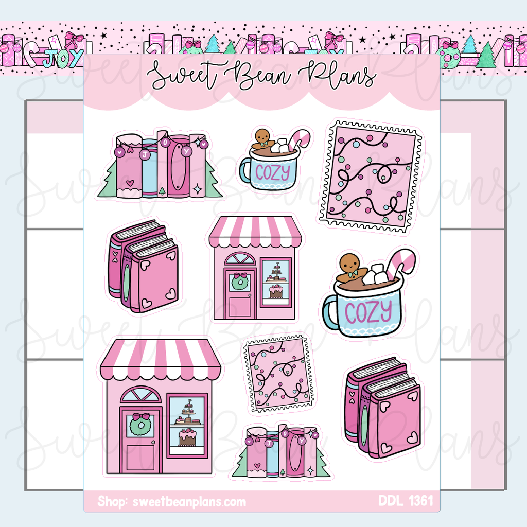 Pink Christmas Bookish Doodles Vinyl Planner Stickers | Ddl 1361