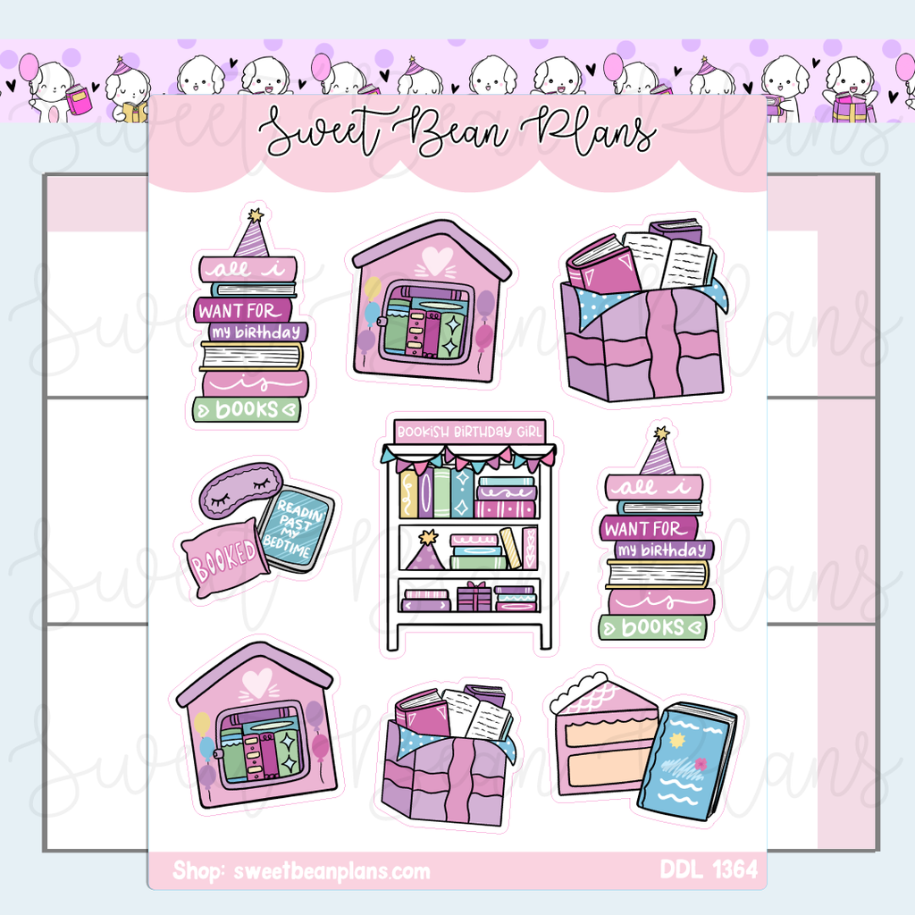 Birthday Bookish Doodles Vinyl Planner Stickers | Ddl 1364