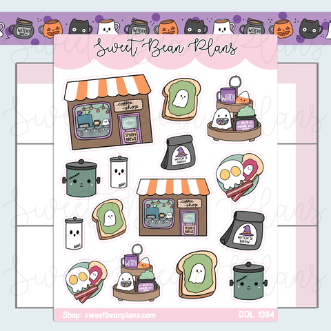 Spooky Coffee Shop Doodles Vinyl Planner Stickers | Ddl 1394