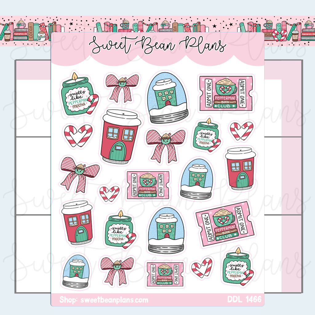 Peppermint Bookish Doodles Vinyl Planner Stickers | Ddl 1466
