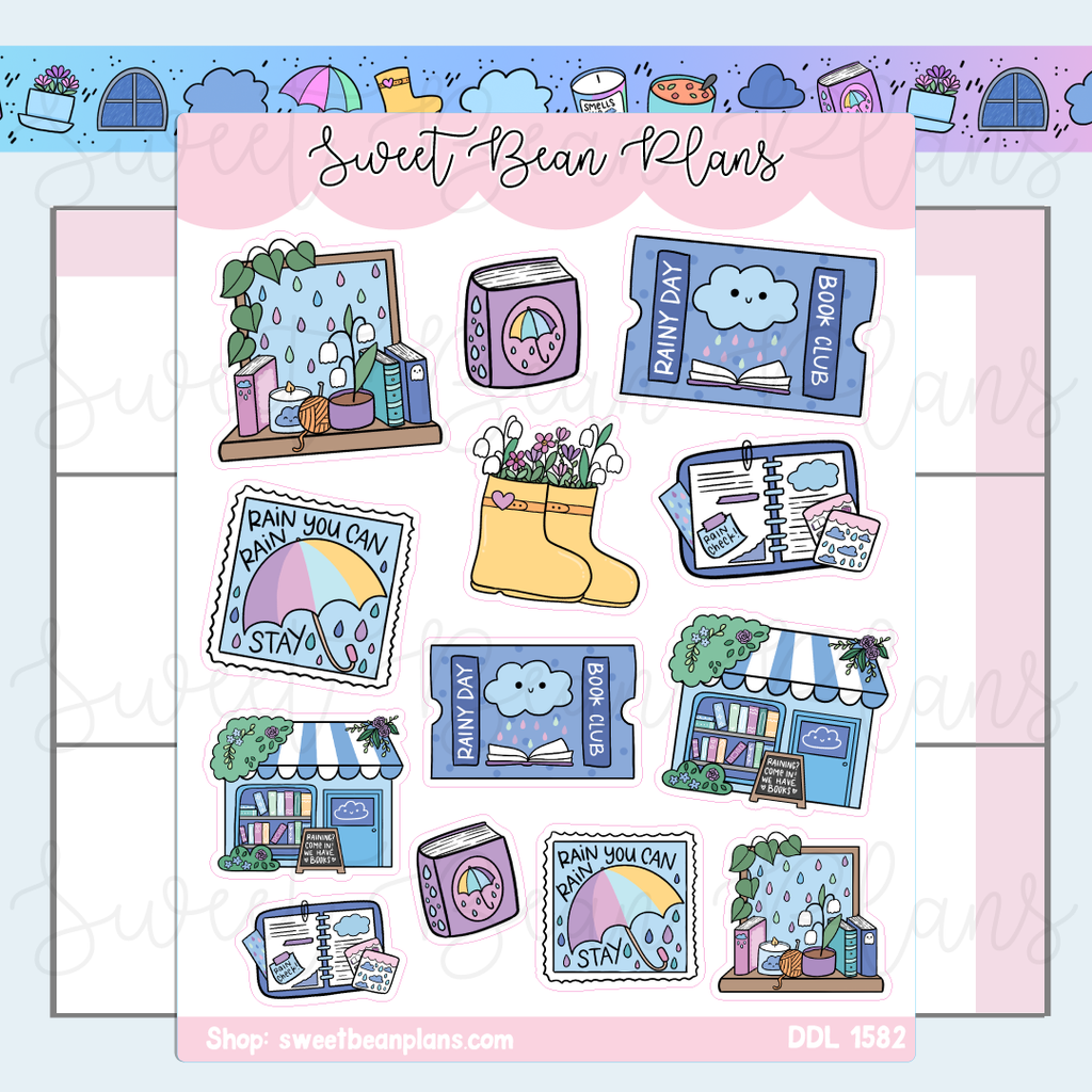 Rainy Day Bookish Doodles Vinyl Planner Stickers | Ddl 1582