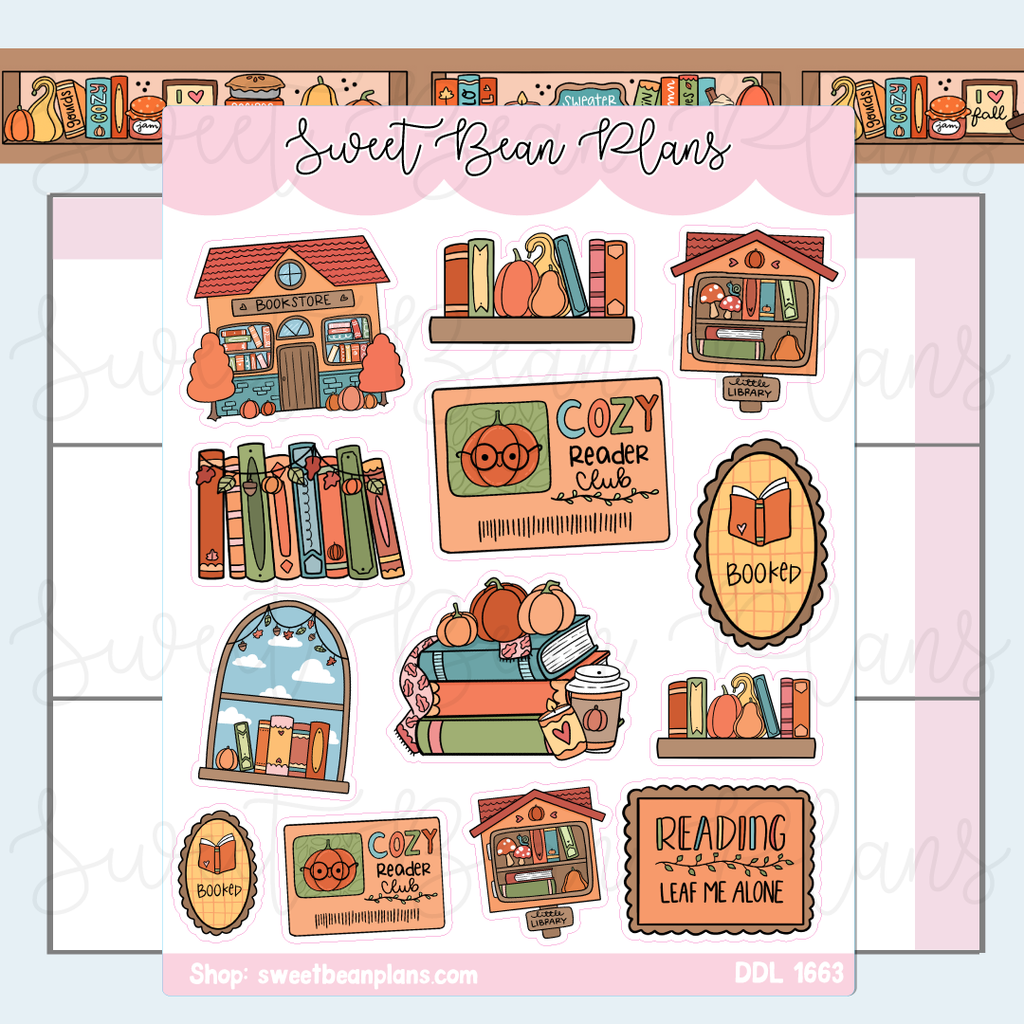 Fall Bookish Doodles Vinyl Planner Stickers | Ddl 1663
