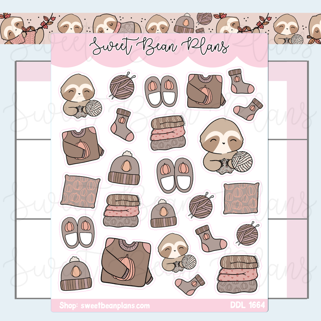 Cozy Knitting Sloth Vinyl Planner Stickers | Ddl 1664