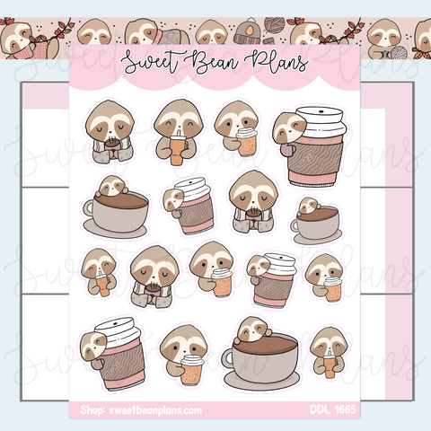 Coffee Cozy Sloth Vinyl Planner Stickers | Ddl 1665