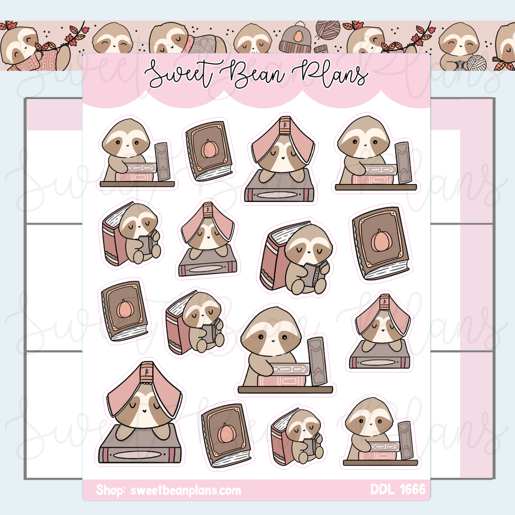 Bookish Cozy Sloth Vinyl Planner Stickers | Ddl 1666