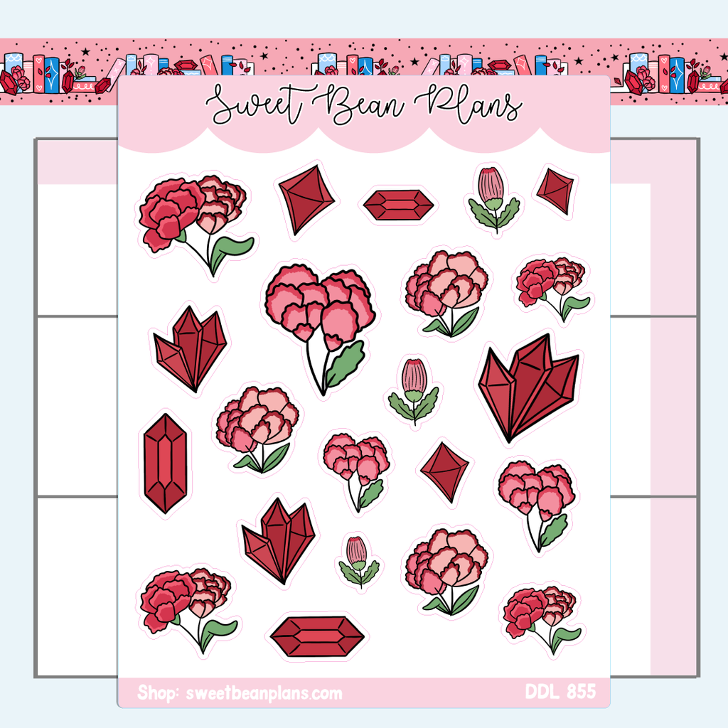January Gemstone and Floral Doodles Vinyl Planner Stickers | Ddl 855