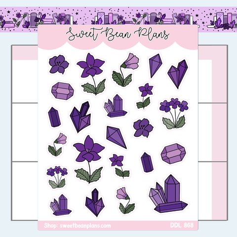 February Gemstone and Floral Doodles Vinyl Planner Stickers | Ddl 868