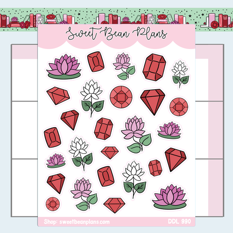 July Gemstone and Floral Doodles Vinyl Planner Stickers | Ddl 990