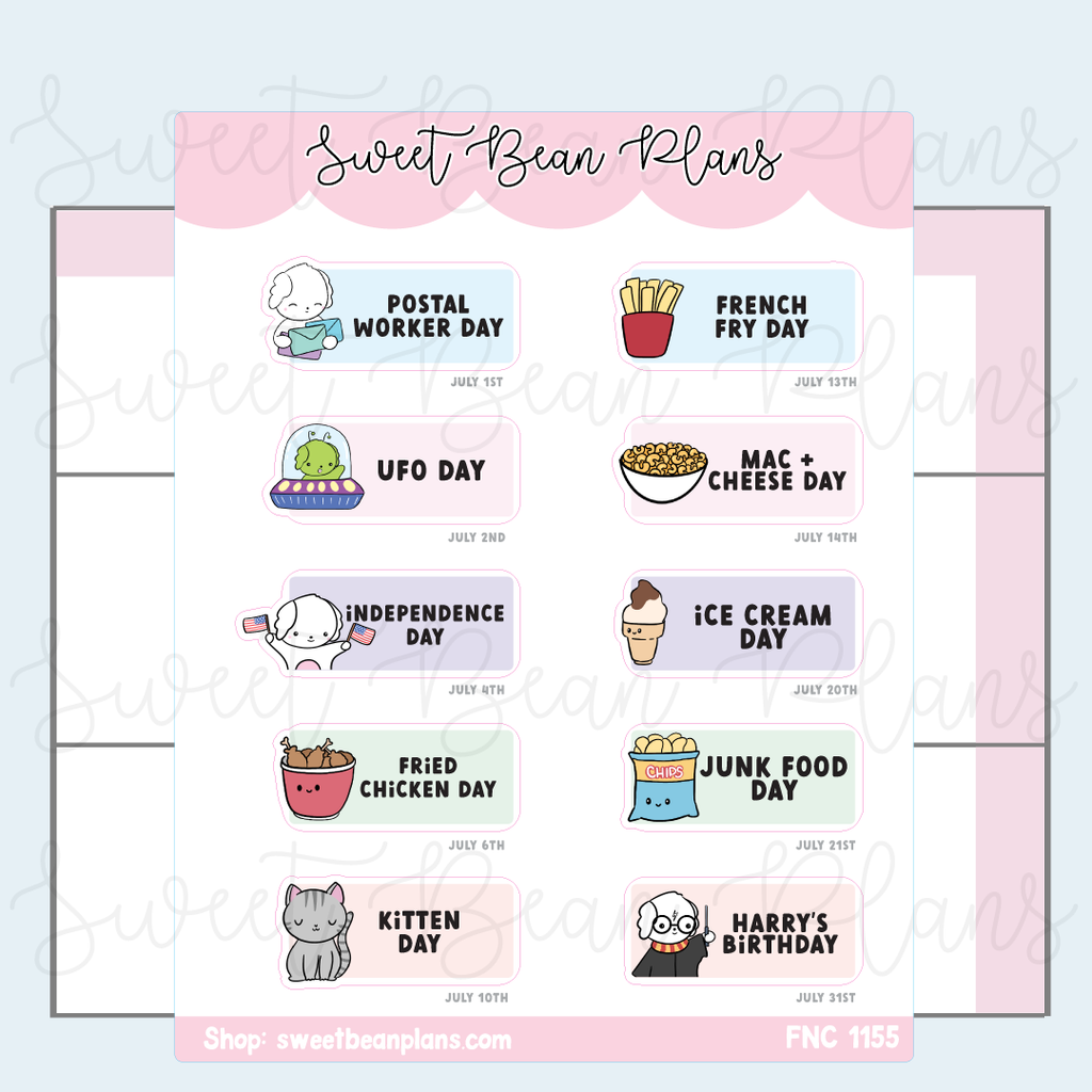 July 2025 Holidays Vinyl Planner Stickers | Fnc 1155