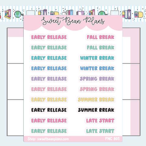 School Days + Breaks Words Vinyl Planner Stickers | Fnc 805