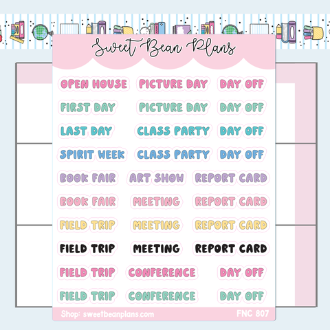 School Special Days Words Vinyl Planner Stickers | Fnc 807