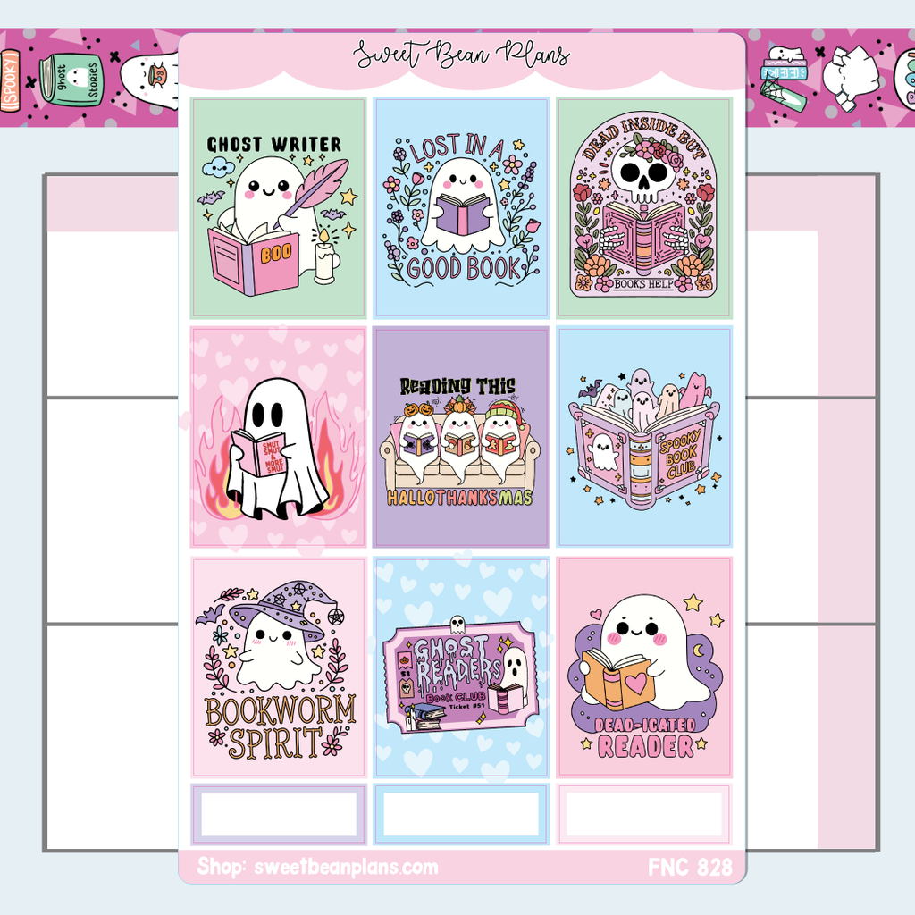 Cute Bookish Ghosts Full Boxes Vinyl Planner Sticker | Fnc 828