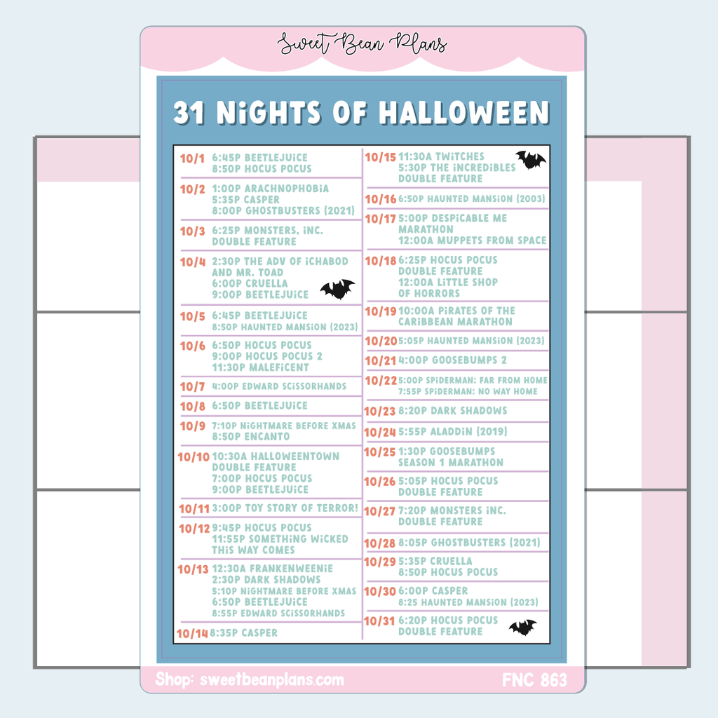 Halloween Movie Schedule Large Vinyl Planner Sticker | Fnc 863