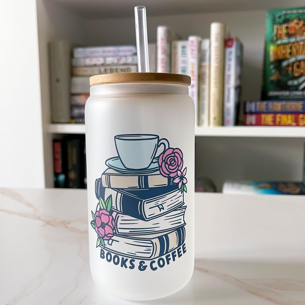 Books & Coffee Frosted Can Glass