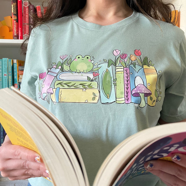 Spring Frog Book Stack Reading Shirt