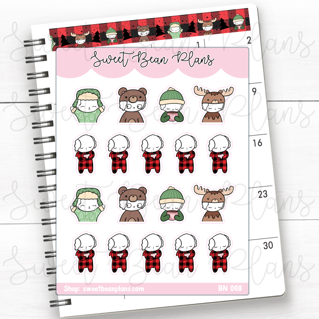Winter Plaid Bean Vinyl Planner Stickers | Bn 069
