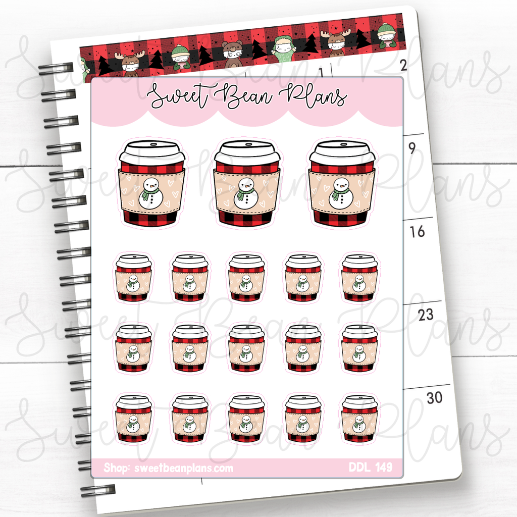 Snowman Plaid Coffee Cups Vinyl Planner Stickers | Ddl 149