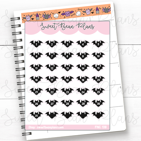 Black Halloween Bat Date Numbers Vinyl Planner Stickers | Fnc 139