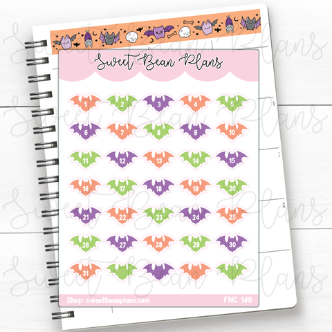 Colorful Halloween Bat Date Numbers Vinyl Planner Stickers | Fnc 140